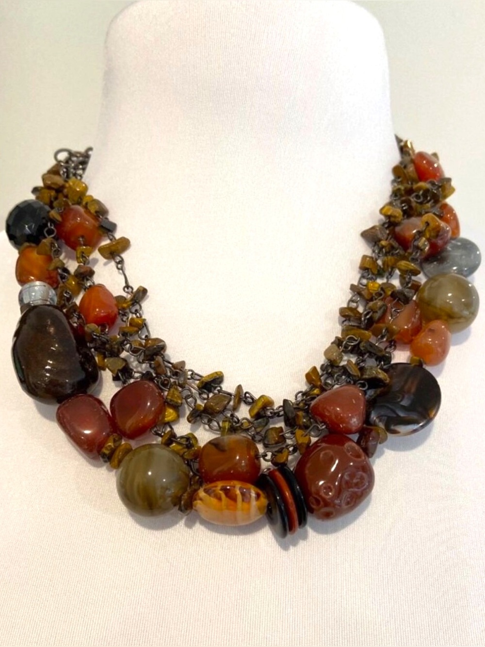 Multi Strand Statement Necklace Chunky Earth Tone Beaded Artisan Boho Bib Neckla